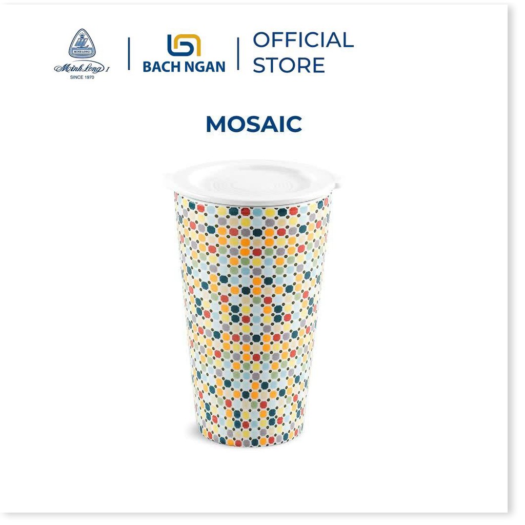 Ly sứ dưỡng sinh Minh Long - Mosaic 0.48 L, cao có nắp đậy dùng để uống trà, cafe, kiểu dáng sang trọng, giữ nhiệt tốt ,