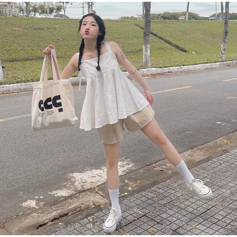 Set áo 2 dây babydoll đũi thô thắt nơ vai  Pea  Store