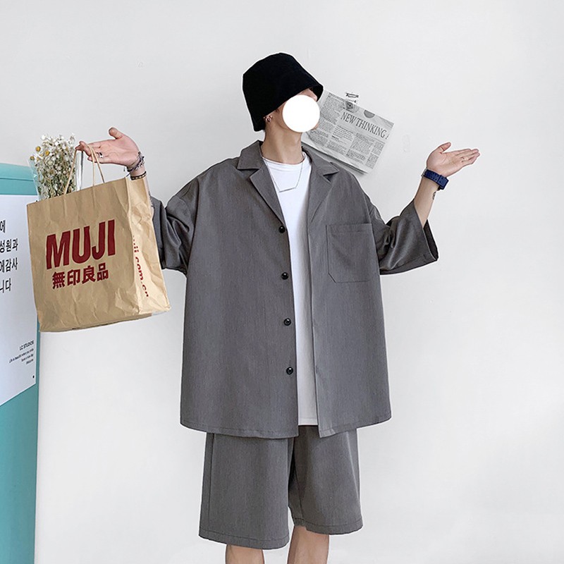 Bộ áo khoác + quần short màu trơn đơn giản