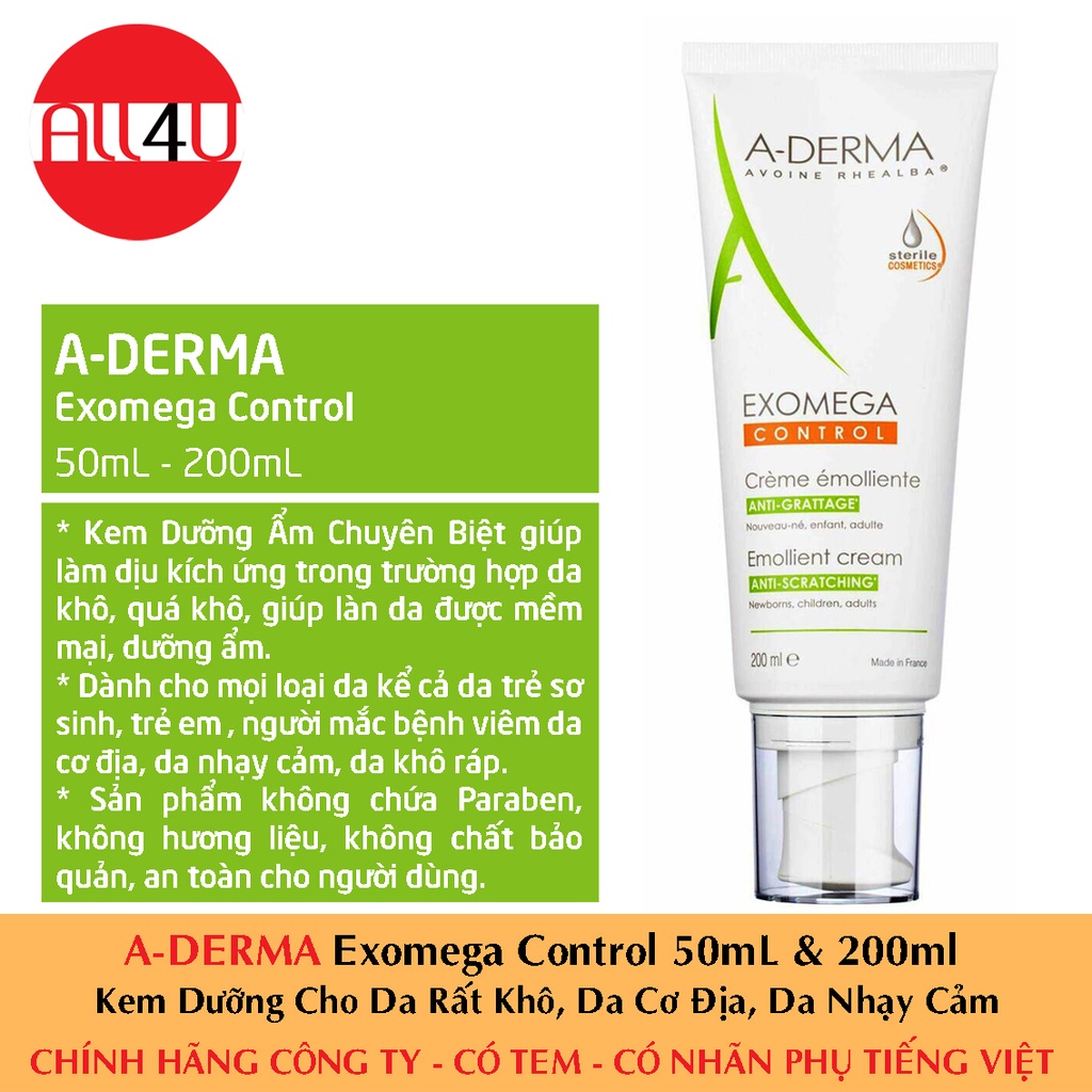 [CHÍNH HÃNG CÓ TEM] A-DERMA Exomega Control 50mL & 200mL - Kem Dưỡng Cho Da Rất Khô, Da Cơ Địa, Da Nhạy Cảm.