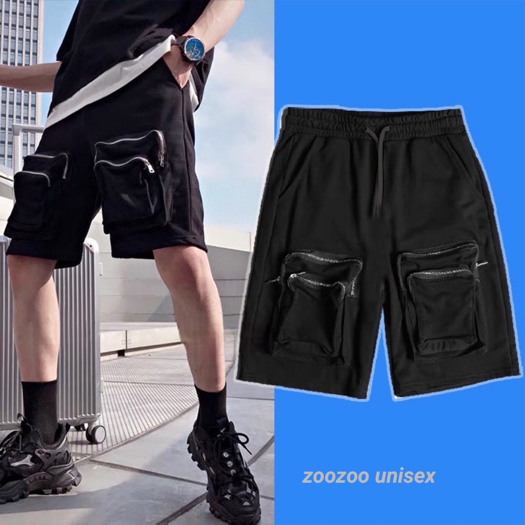 Quần Short Nam Ngố KaKi Màu Đen Phong Cách Unisex 2 Túi Kéo Khóa 1HIT_UNISEX