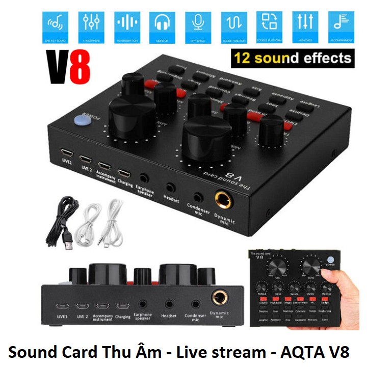 Combo Sound Card V8 Bluetooth, Tặng Micro Thu Âm Kèm Tai Nghe - Bảo Hành 3 Tháng