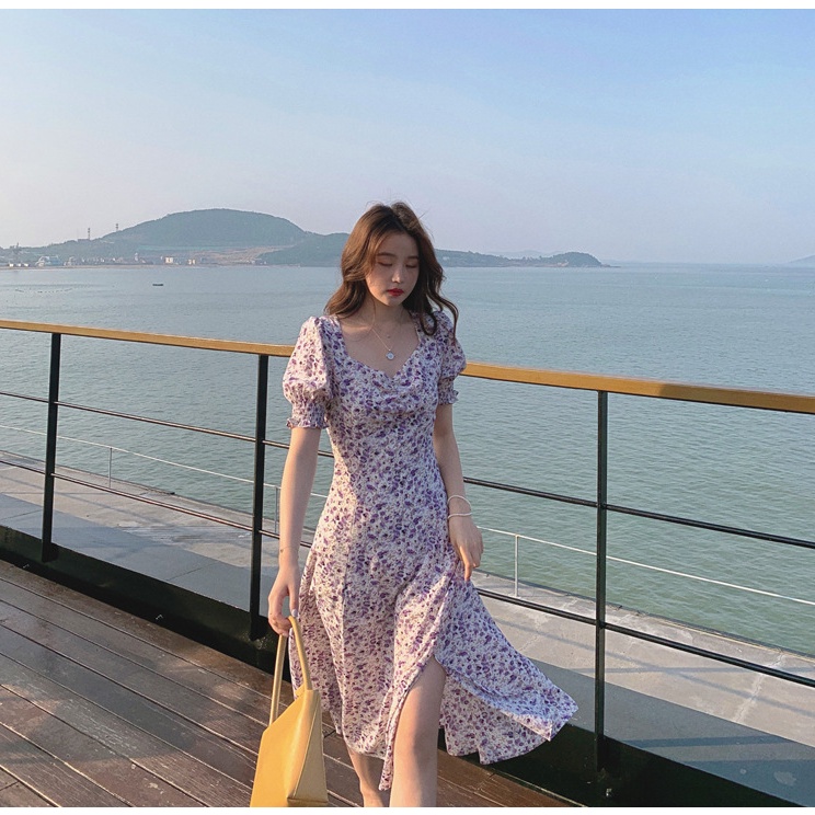Váy nữ đẹp🚩HÀNG SẴN🚩Váy hoa nhí dáng dài xẻ tà màu tím nhẹ nhàng siêu xinh hàng Quảng Châu