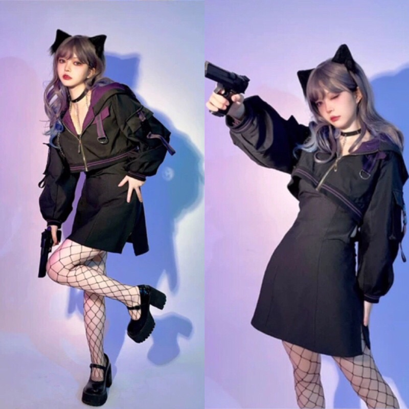 YAS0816-Set áo khoác váy den tím cá tính