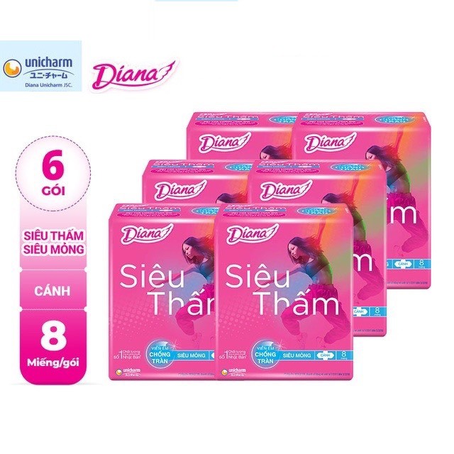 COMBO 6 gói băng vệ sinh Diana Siêu thấm siêu mỏng cánh 8 miếng/gói X6