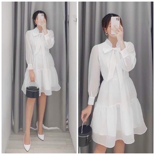 Đầm váy trắng tầng nơ cổ tay dài