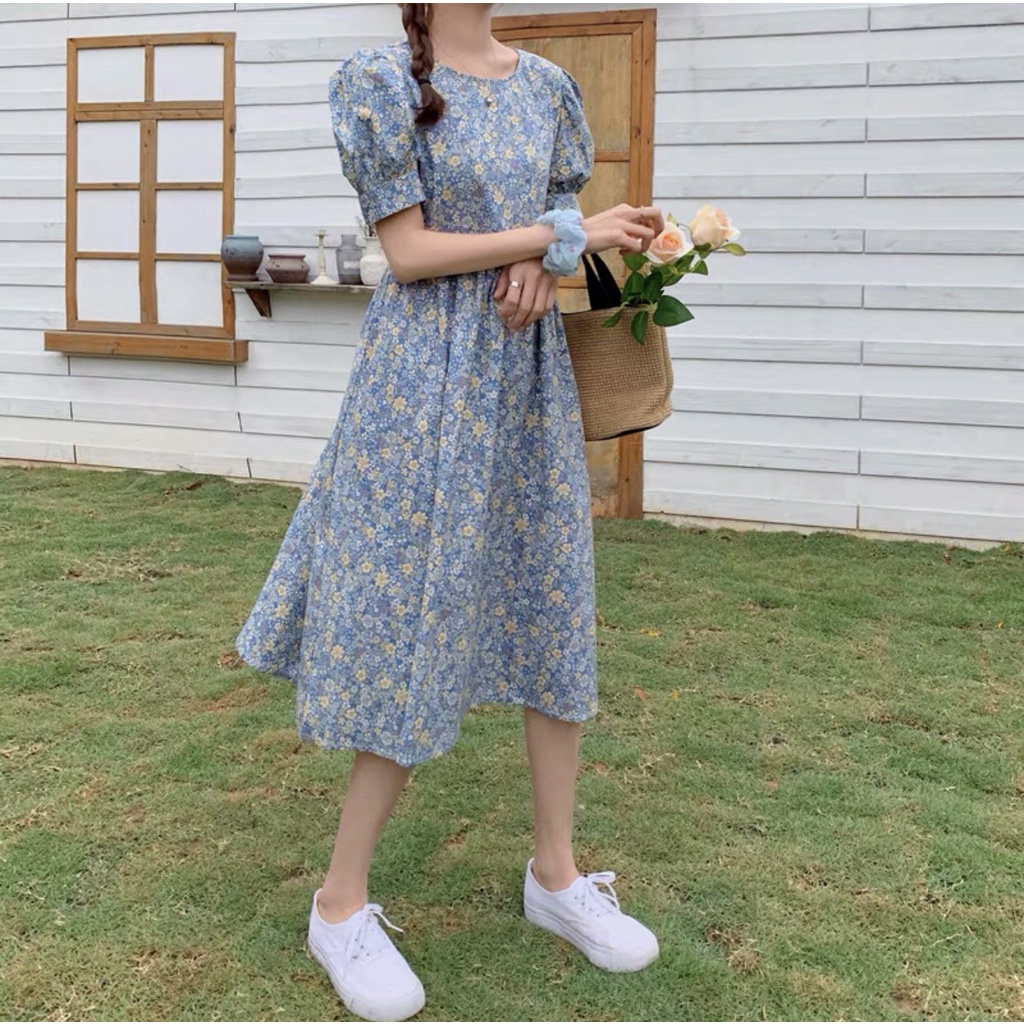 Đầm - Váy babydoll hoa nhí tay bồng chất thô siêu xinh