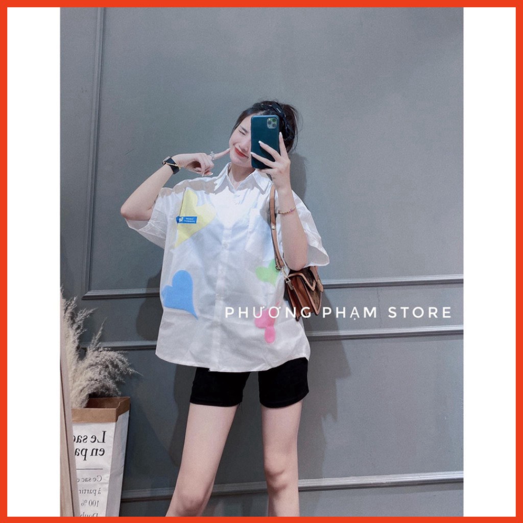 Sale Set áo sơ mi tim 3 màu mix quần ngố ôm giãn cực hót. siêu sinh