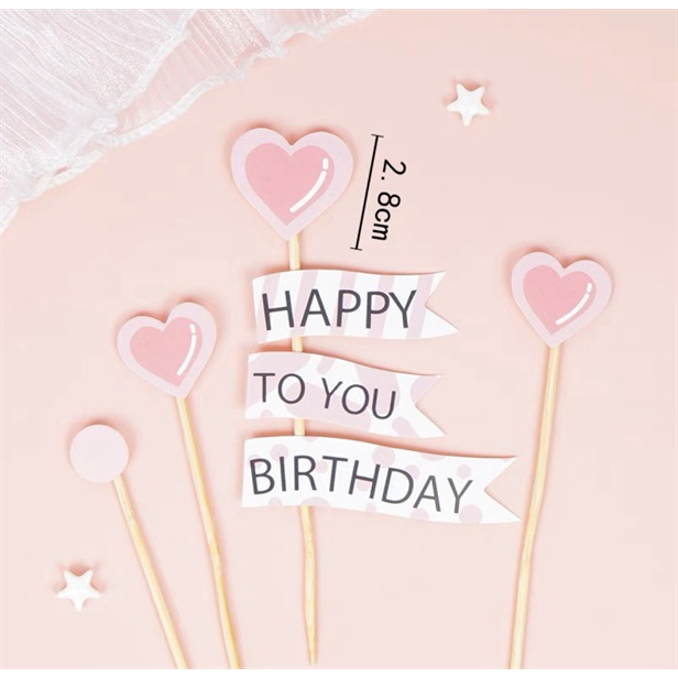 Set 4 que cắm giấy HPBD tim hồng mới