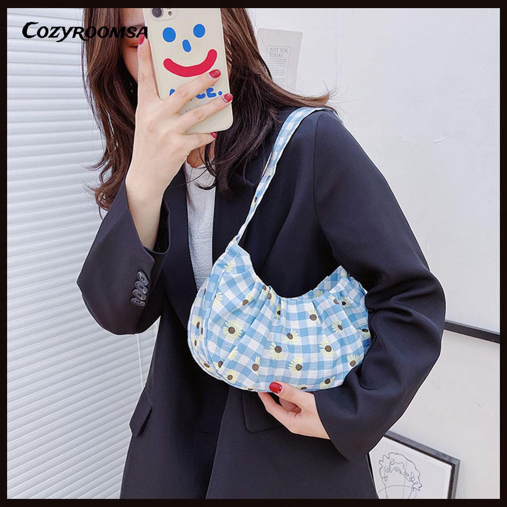 Fashion Women Plaid Daisy Print Canvas Underarm Hobos Bag Pleated Handbags