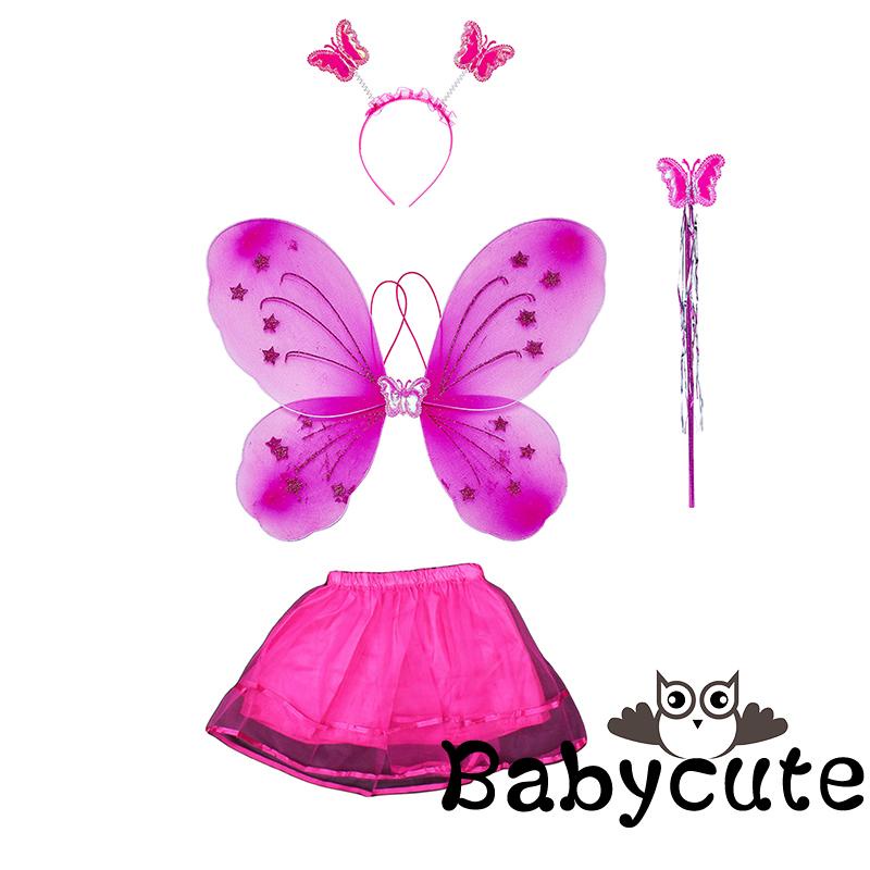 Bộ Trang Phục Hóa Trang Halloween Gồm Chân Váy Ngắn Hai Lớp + Đôi Cánh Bướm + Đũa Thần + Băng Đô Cài Tóc Cho Bé Gái