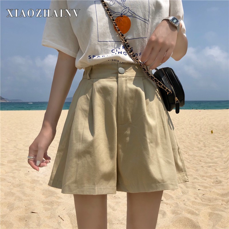Quần Short Giả Váy Xiaozhainv Lưng Cao Màu Trơn Kiểu Dáng Hàn Quốc