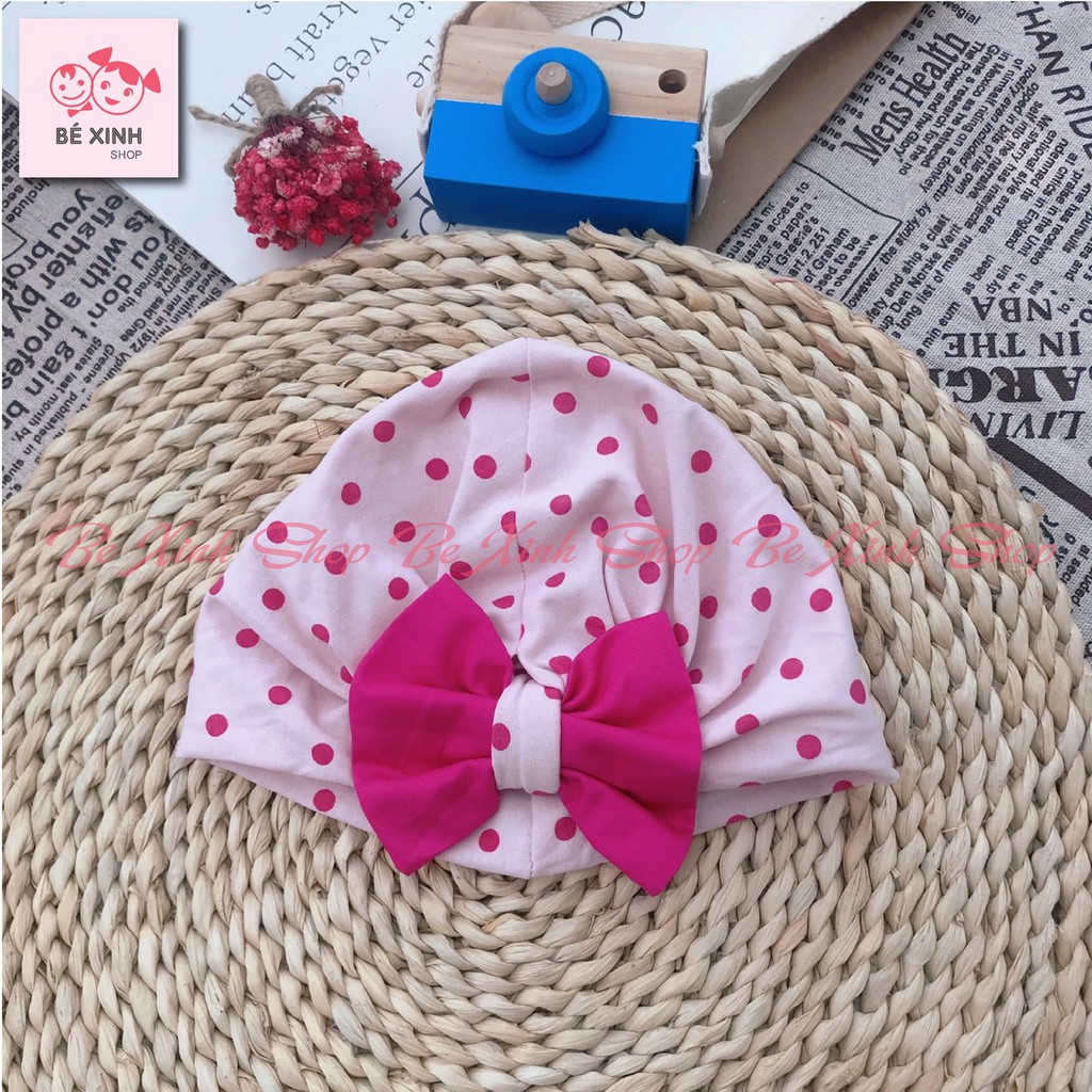 Mũ nón băng đô turban cho bé gái sơ sinh [Sale nhanh] Băng đô mũ turban phụ kiện tóc cho bé gái NƠ HỒNG thun cotton