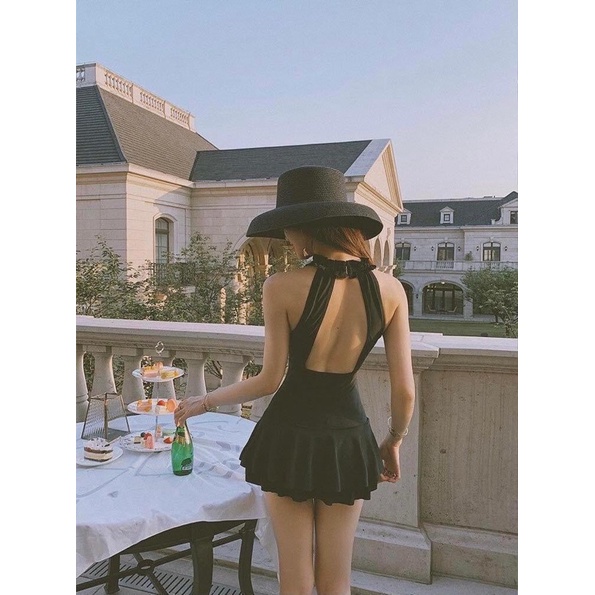 Đồ bơi nữ dáng váy, áo tắm cổ yếm dáng đầm màu đen, size từ 38-68kg