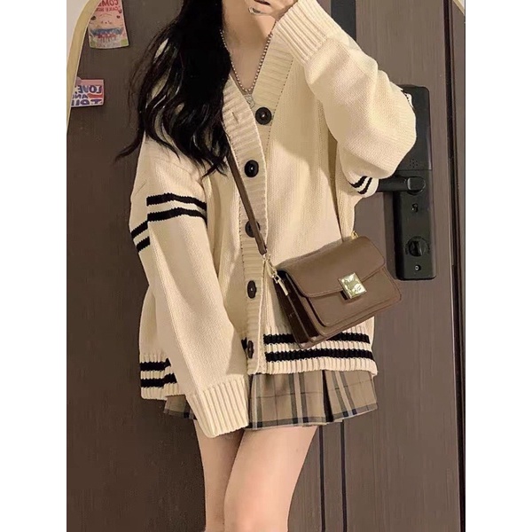 Áo Khoác Cardigan Len Sọc Tay Nữ - Halinh Shop - Cardigan Len Khuy To Hàn Quốc Mặc Thu Đông Size M L