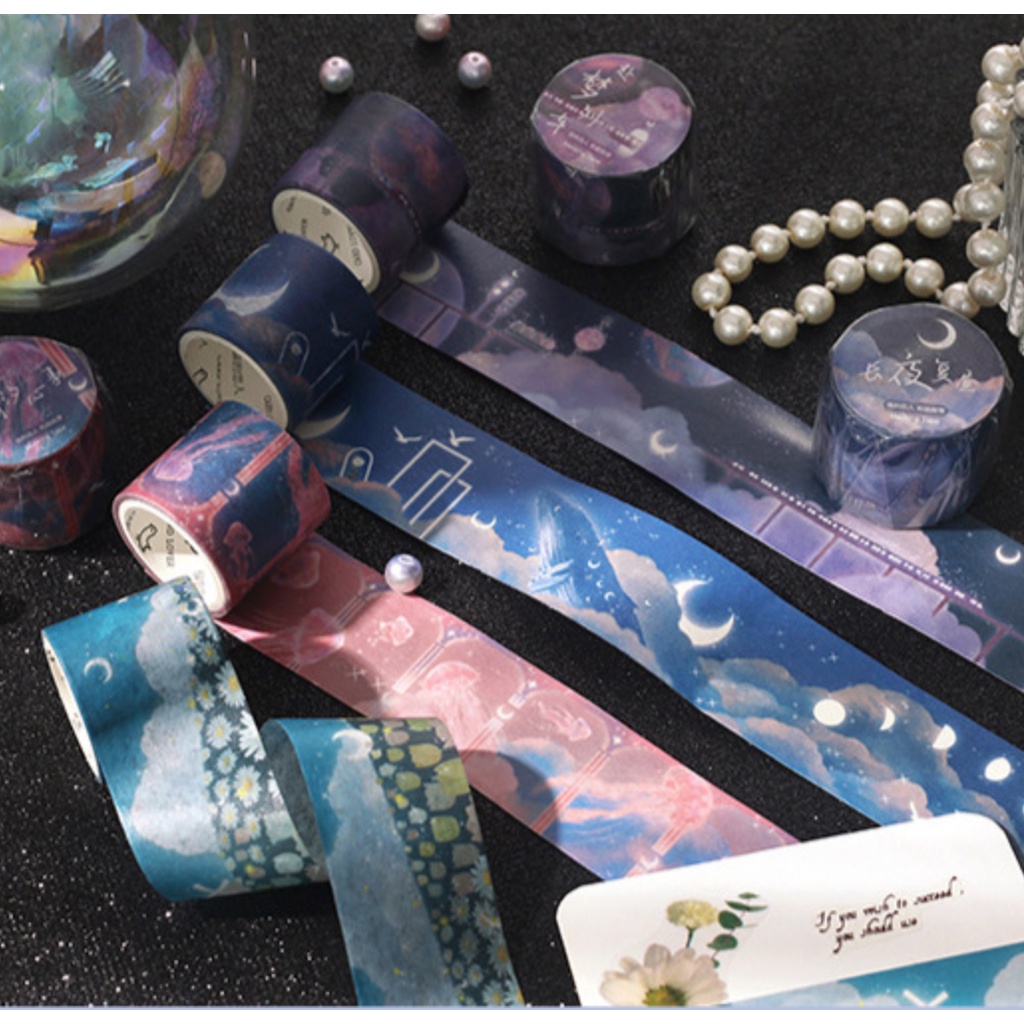 CARD LOVER_Cuộn Washi tape chuyến tàu ước mơ, sứa thủy tinh, hoa và cối xay, cá voi và đêm trăng