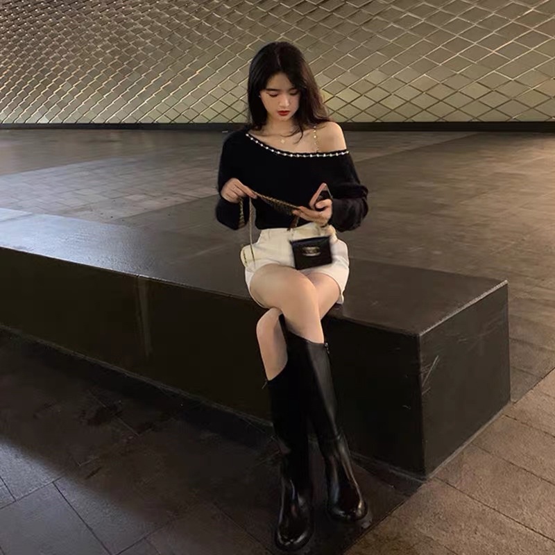 IELGY Áo sweater Tay Dài Hở Vai Màu Sắc Đơn Giản Dành Cho Nữ