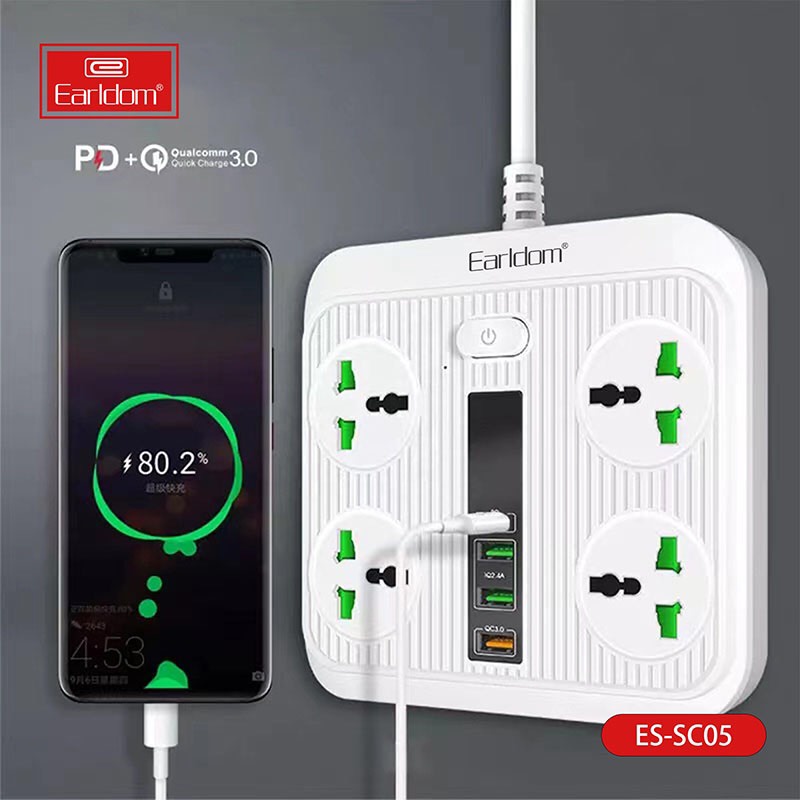 Ổ Điện đa năng Earldom có Sạc Nhanh PD 40W 3 cổng USB + TypeC, 4 Lỗ Cắm tải 3000W, chống giật, chịu nhiệt, an toàn