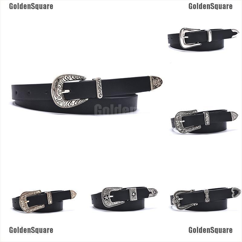 Thắt Lưng Da Màu Đen Khóa Kim Loại Khắc Hình Trái Tim Phong Cách Vintage