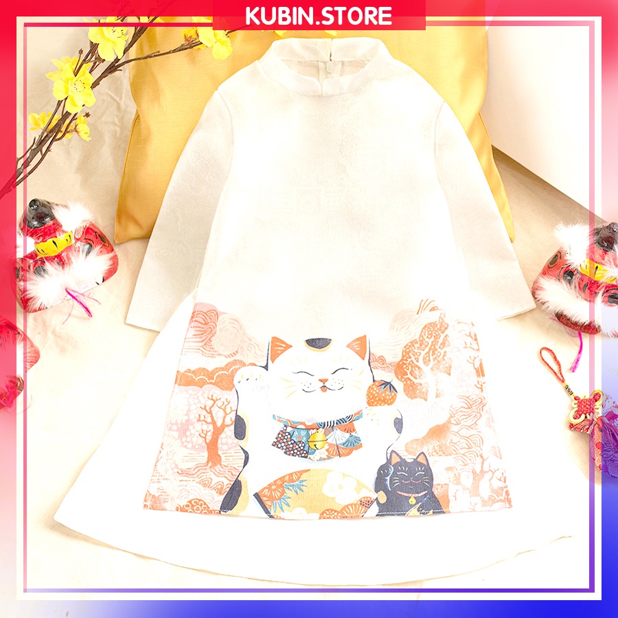 Áo dài cách tân cho bé in mèo chất liệu gấm cao cấp size từ 1 đến 9 tuổi , KUBIN STORE áo dài tết thời trang trẻ em