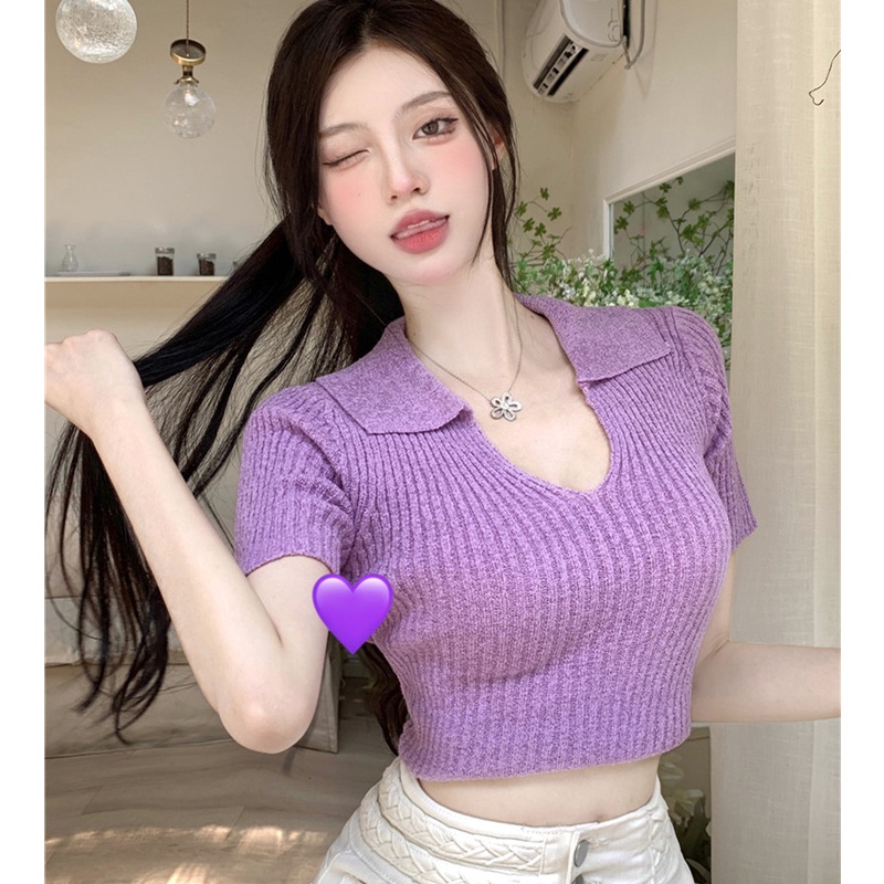 Áo Dệt Kim Ngắn Tay Cổ Chữ V Thời Trang Cá Tính