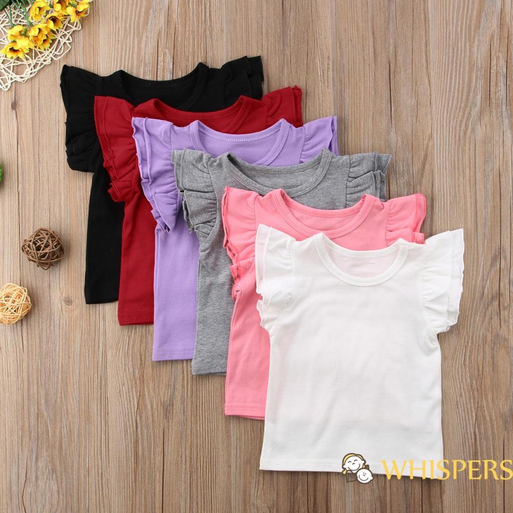 Áo thun cotton cổ tròn tay cánh tiên màu trơn thời trang mùa hè cho bé gái