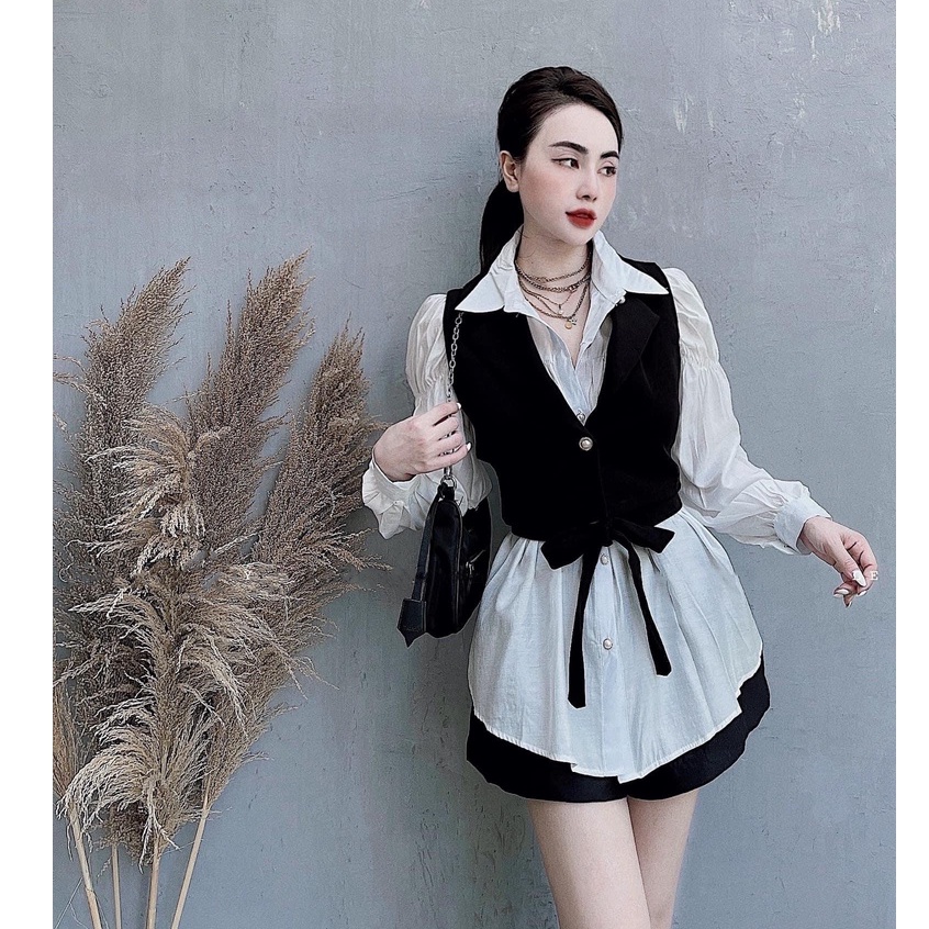 [ÁO SƠ MI] Kiểu Nữ Mix Đen 2 Chi Tiết, Áo Nữ Phong Cách Hàn Quốc Phối Chân Váy, Quần Jeans Siêu Ngầu | BigBuy360 - bigbuy360.vn