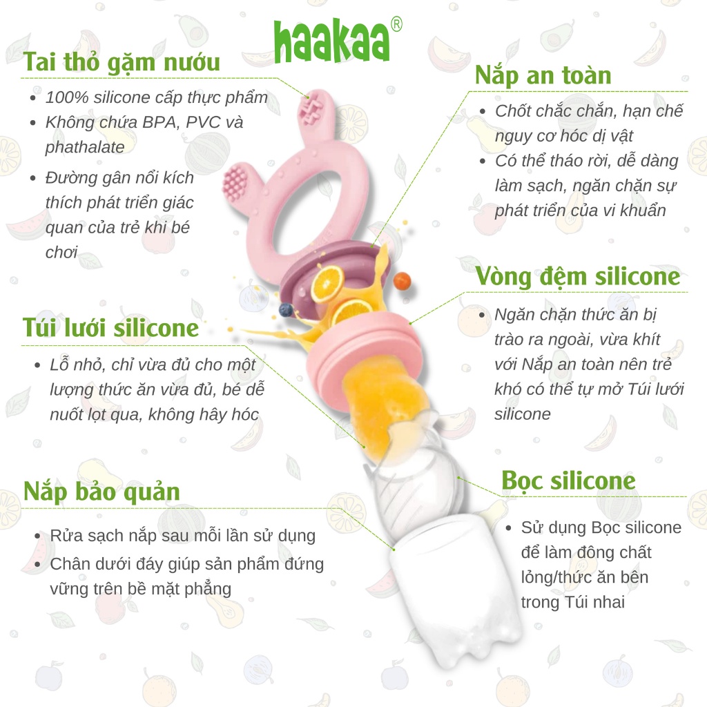 Túi nhai ăn dặm, chống hóc cho bé Haakaa. Chất liệu silicone cao cấp, an toàn. Không chứa BPA, PVC và phthalate