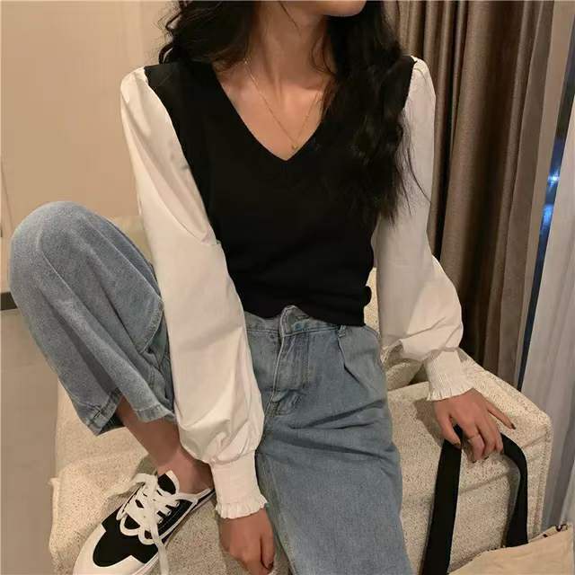 Áo len nữ kiểu cổ chữ V phối tay sơ mi bồng nhẹ 3 màu xinh xắn | BigBuy360 - bigbuy360.vn