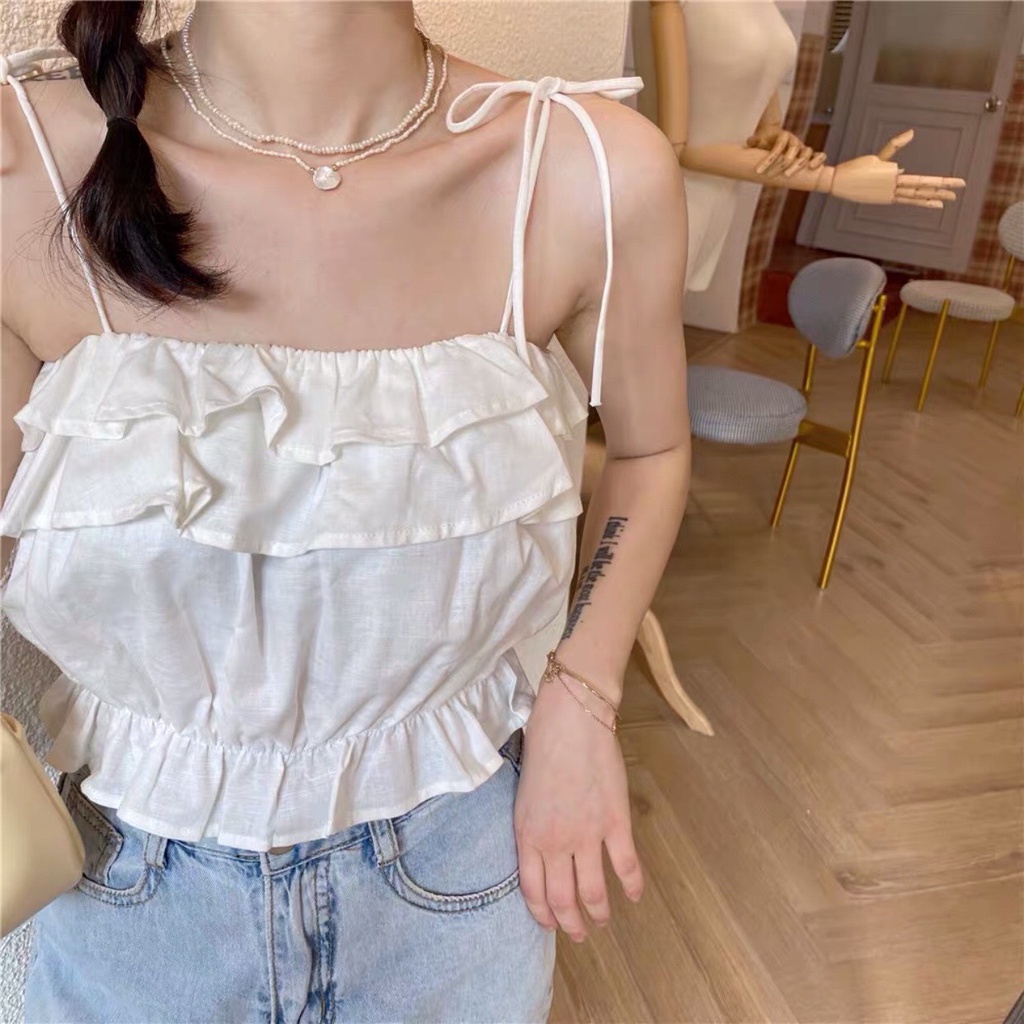 Áo Hai Dây Croptop Suông Tầng Bánh Bèo Vai Buộc Nơ - Áo 2 Dây Nữ Chun Eo Dúm Ngực Ulzzang