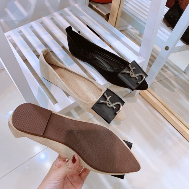Giày búp bê đính nơ da lộn