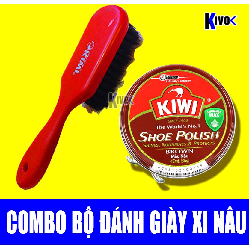 Combo 1 Xi Đánh Bóng Giày Nâu Kiwi / Bàn Chải Đánh Giày Lông Ngựa CÁN DÀI - Đánh Bóng Giày Da Sáp - Xi Nâu 45ml - Kivo