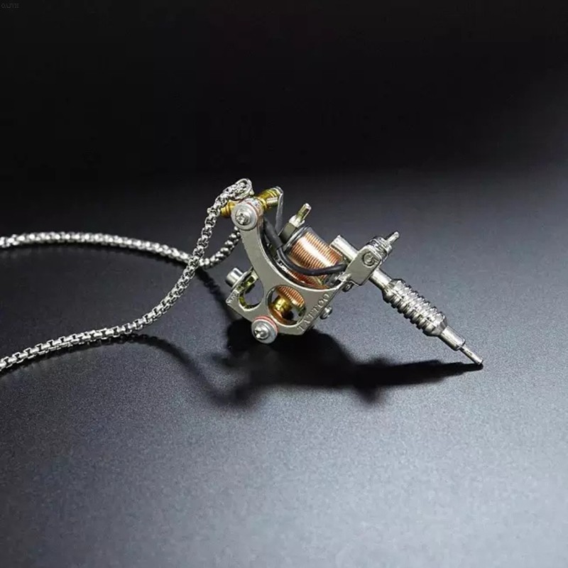 OA Mini Tattoo Machine Necklace Unique Hip Hop Punk Biker Party Rap Titanium Steel Pendant Necklace Silver Chain