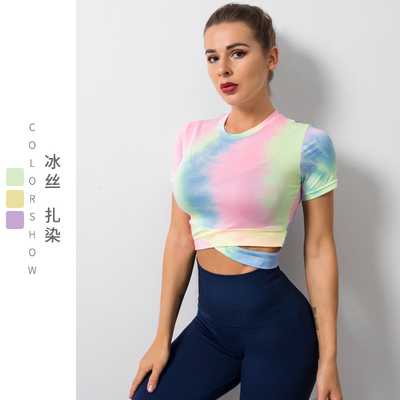 Áo crop top Thể Thao Tay Ngắn Họa Tiết Màu Nhuộm Độc Đáo Tiện Dụng Cho Nữ