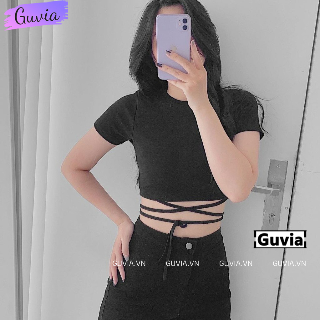 Áo Croptop Kiểu Nữ Dây Quấn Bụng Tay Ngắn Sexy Ôm Body GUVIA