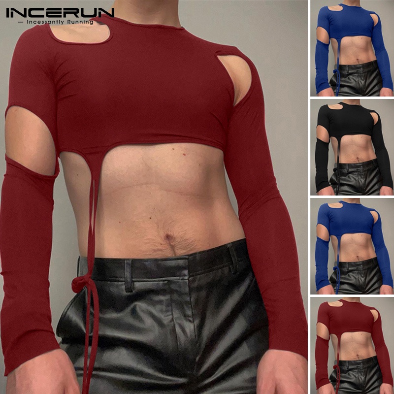 Áo thun nam INCERUN dáng lửng tay dài màu trơn khoét lỗ thời trang