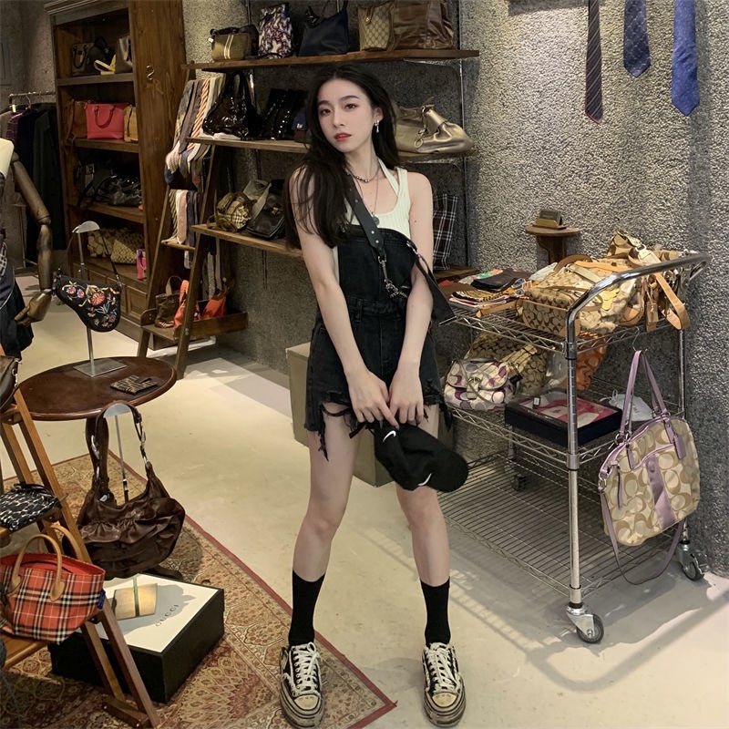 Quần Yếm Denim Ngắn Dáng Chữ A Rộng Rách Cá Tính Thời Trang Mùa Hè Cho Nữ