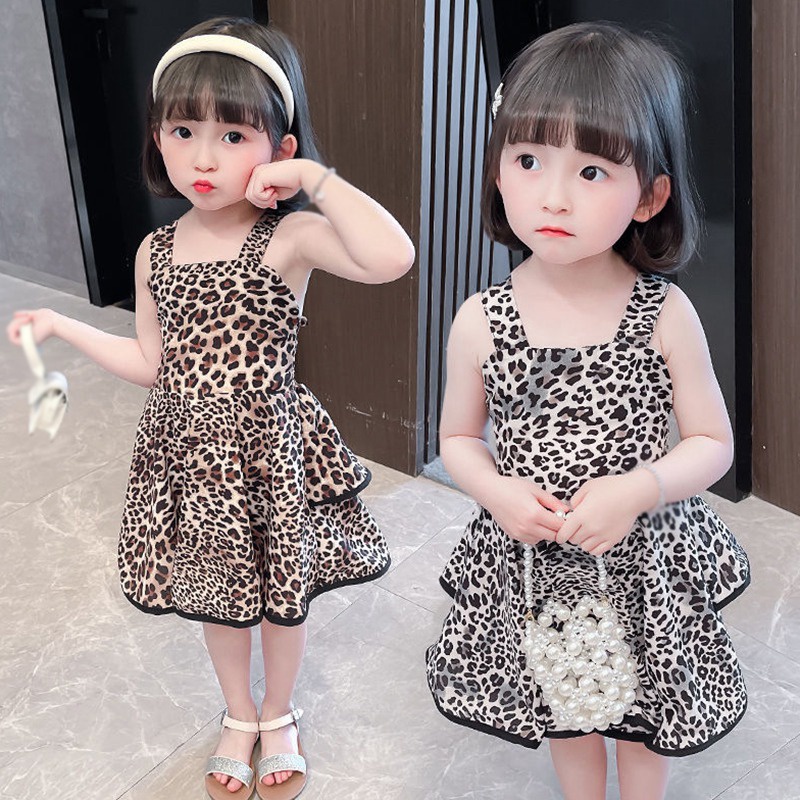 Se7en Đầm Tutu Hai Dây Xếp Ly In Họa Tiết Da Báo Kiểu Hàn Quốc Mùa Hè Cho Bé Gái