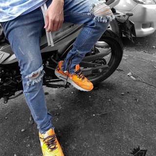  Quần Jeans Nam Xanh Zipper Rách Gối