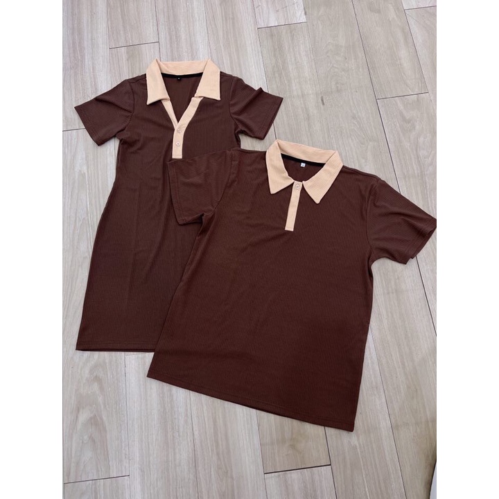 Áo váy đôi poplo nâu thun gân body - Thời trang nam nữ, đồ đôi Forever Couple Store