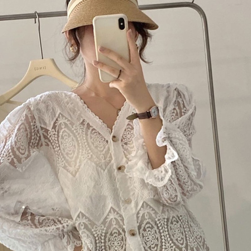 Áo Cardigan Ren Tay Dài Phồng Cổ Chữ V Phối Nút Phong Cách Pháp Thời Trang Mùa Xuân 10MK Cho Nữ