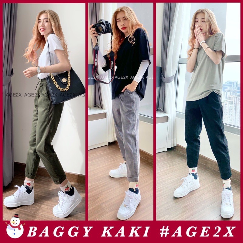 Quần Baggy kaki nữ wash mềm, phối bo gân co giãn, lưng thun, cử động thoải mái, chính hãng AGE2X