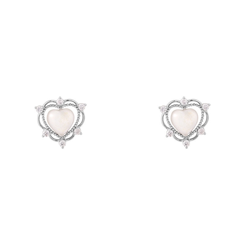 Khuyên Tai Hình Trái Tim Đính Ngọc Trai Phong Cách retro Hàn Quốc