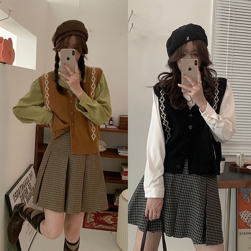 Áo khoác len không tay kẻ sọc phối màu thời trang mùa thu kiểu retro cho nữ | BigBuy360 - bigbuy360.vn