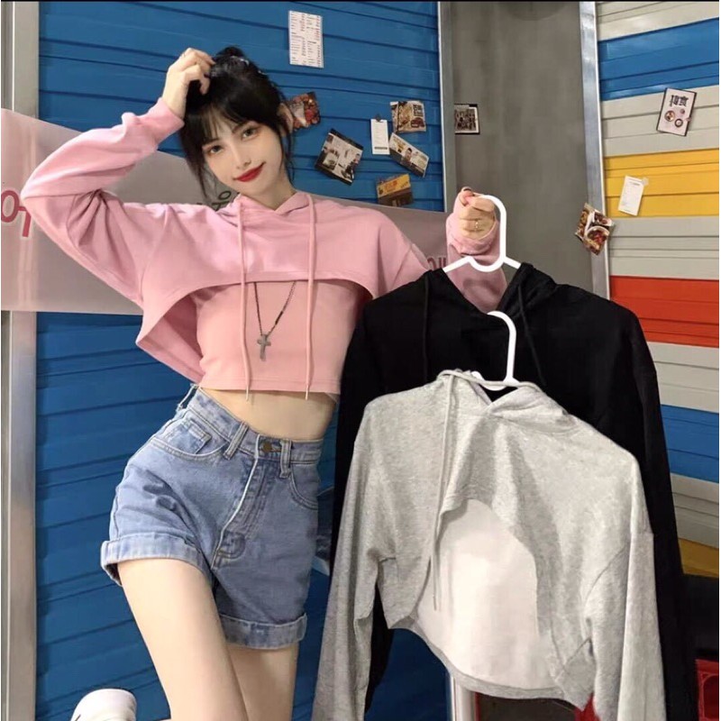 Set Áo Hoodie croptop Sporty kèm áo 2 dây trắng đen xám hồng