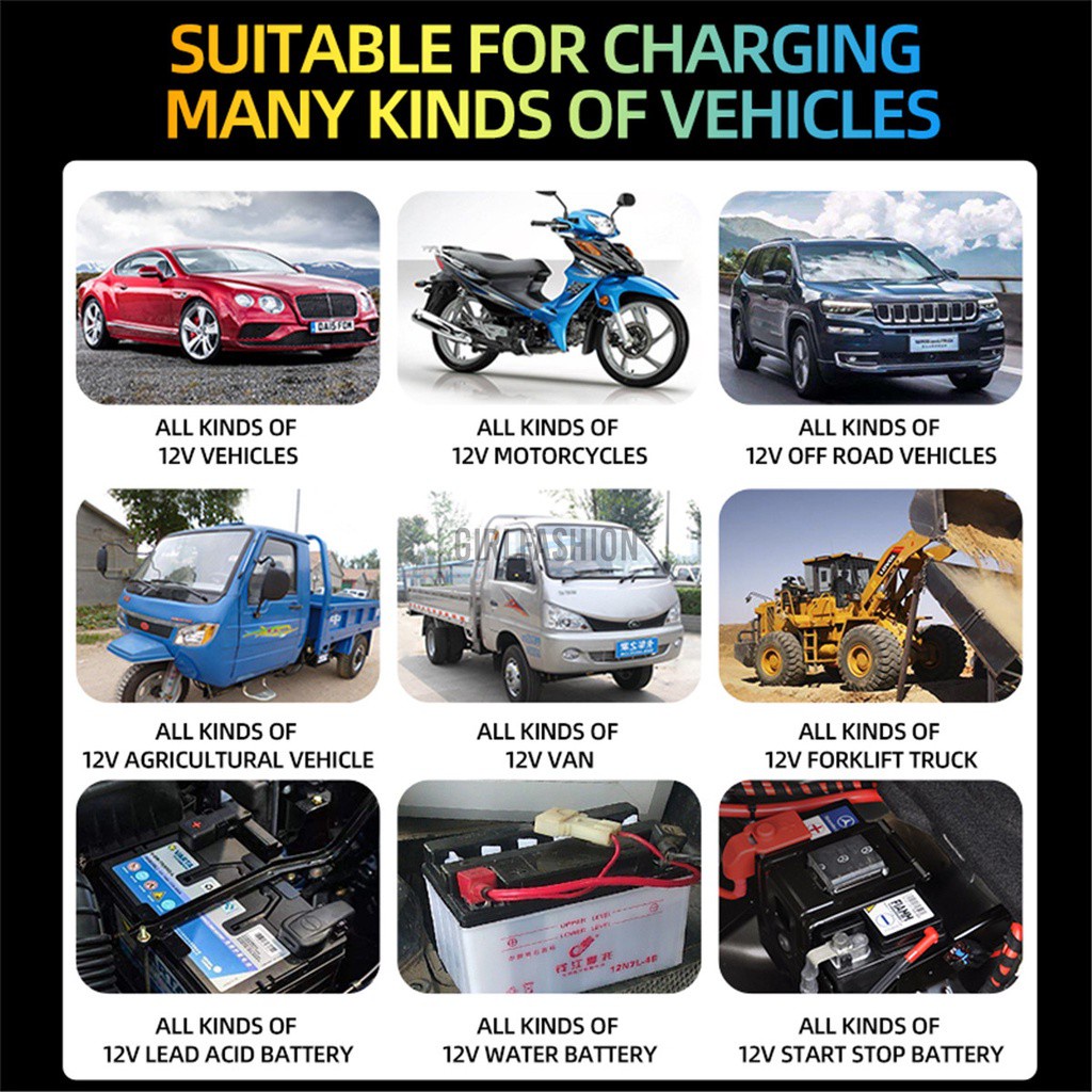 【Fashion】12V Car and Motorcycle Battery Charger Lithium Lead-acid Charger Memory Function Charging Repair