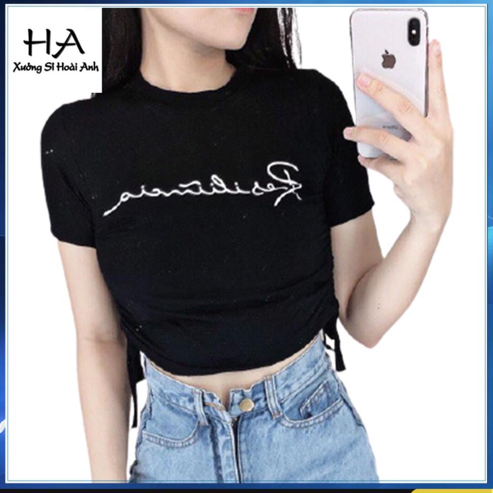 Áo Croptop Tay Ngắn Thun Body Dây Rút 2 Bên Eo Trắng / Đen Thêu Chữ - Áo Croptop Cổ Tròn
