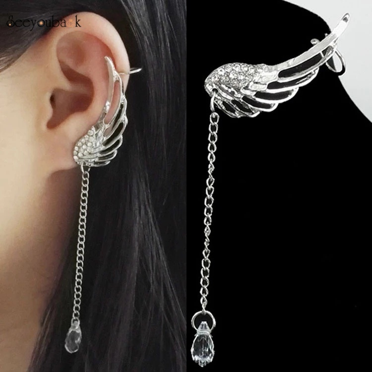 Đôi hoa tai dáng dài hình cánh thiên thần đính pha lê thời trang cho nữ