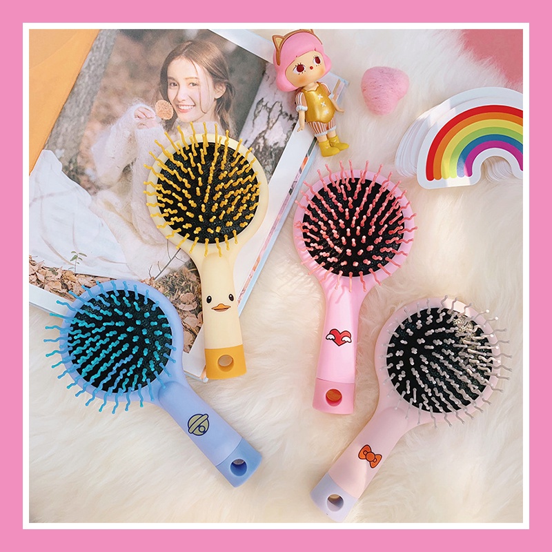 Lược gương tròn mini cute gỡ rối hính thú dễ thương mát xa da đầu có tay cầm bỏ túi PK21