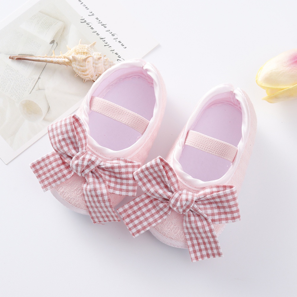 Set băng đô và giày tập đi đế mềm chống trượt đính nơ cho bé gái 0-18 tháng tuổi